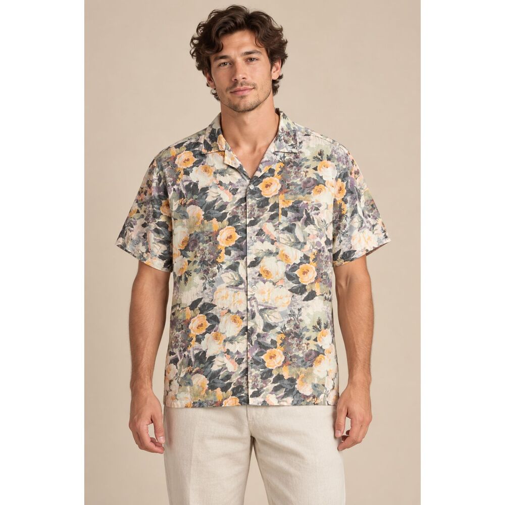 Bather Trunk Co. Tuscany Yellow Rose Garden camp short sleeve men's shirt large